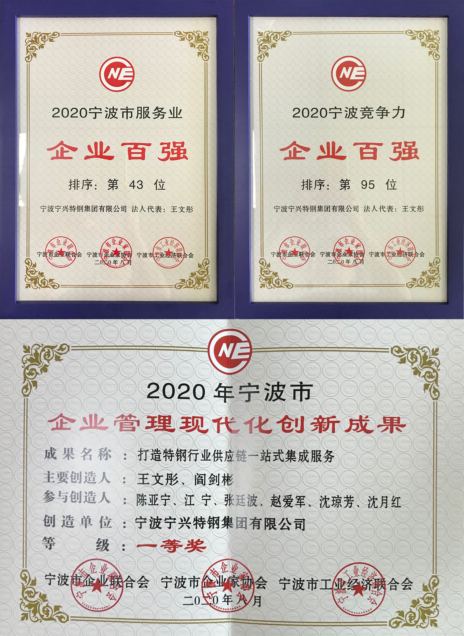 寧興特鋼集團連續八年入選寧波市服務(wù)業(yè)百強企業(yè) 并獲2020年寧波市企業(yè)管理現代化創(chuàng )新成果一等獎